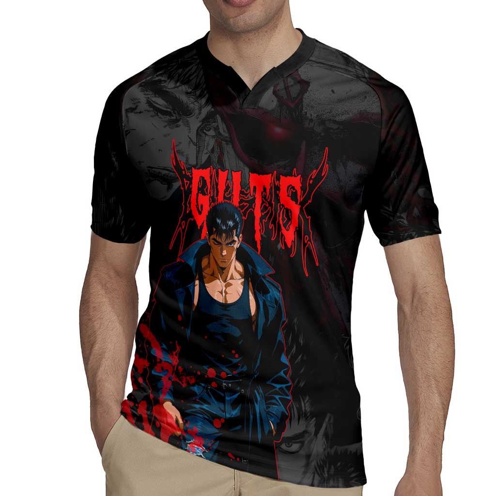 Guts Berserk Dark Theme Rugby Jersey with Blood Splatter and Intense Warrior Expression Design - The Mazicc