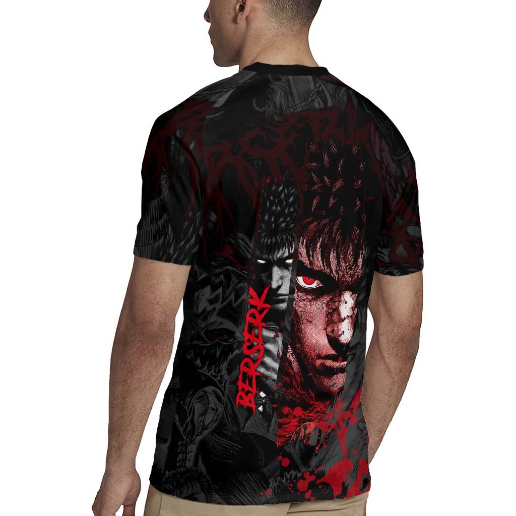 Guts Berserk Dark Theme Rugby Jersey with Blood Splatter and Intense Warrior Expression Design - The Mazicc