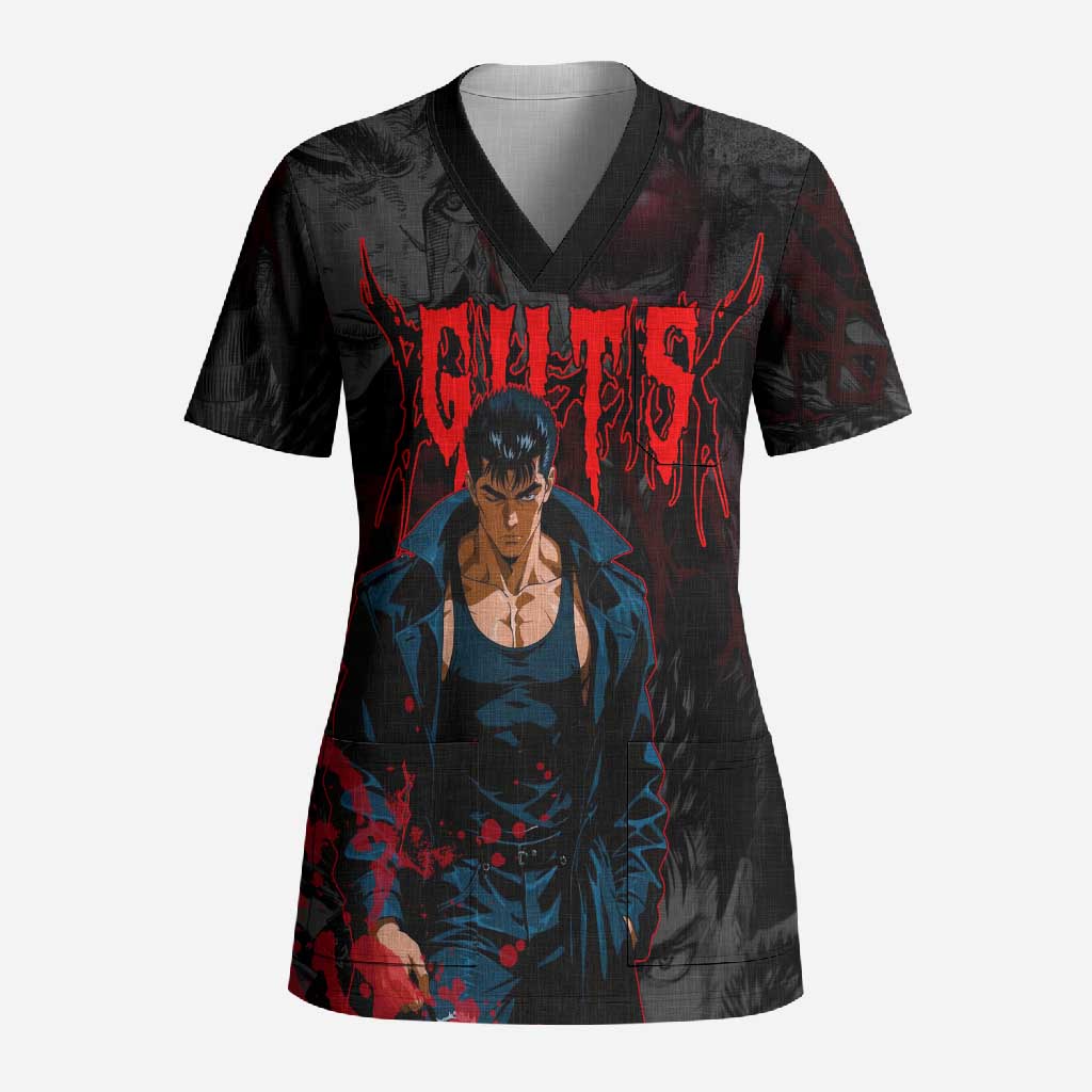 Guts Berserk Dark Theme Scrub Top with Blood Splatter and Intense Warrior Expression Design - The Mazicc