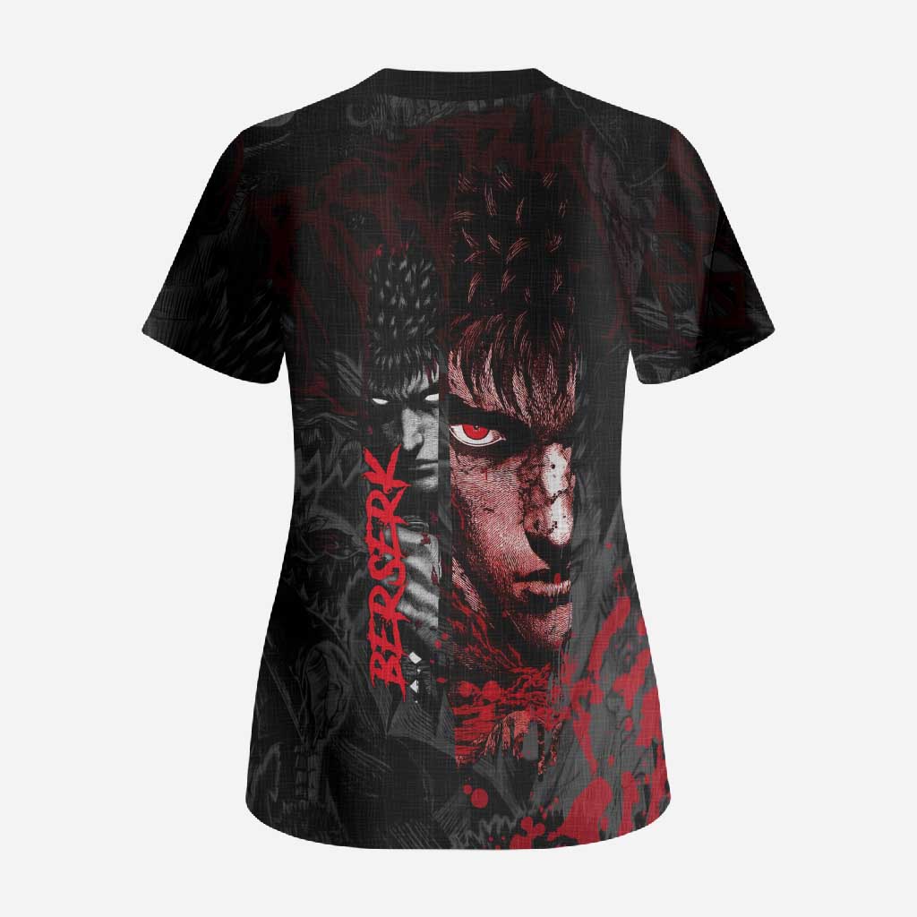 Guts Berserk Dark Theme Scrub Top with Blood Splatter and Intense Warrior Expression Design - The Mazicc