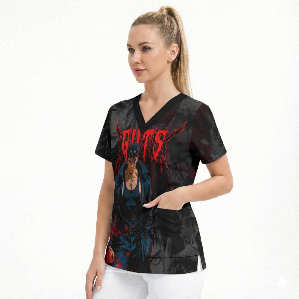 Guts Berserk Dark Theme Scrub Top with Blood Splatter and Intense Warrior Expression Design - The Mazicc