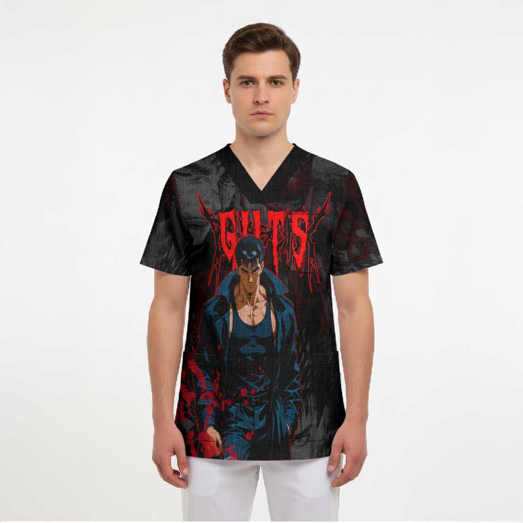 Guts Berserk Dark Theme Scrub Top with Blood Splatter and Intense Warrior Expression Design - The Mazicc