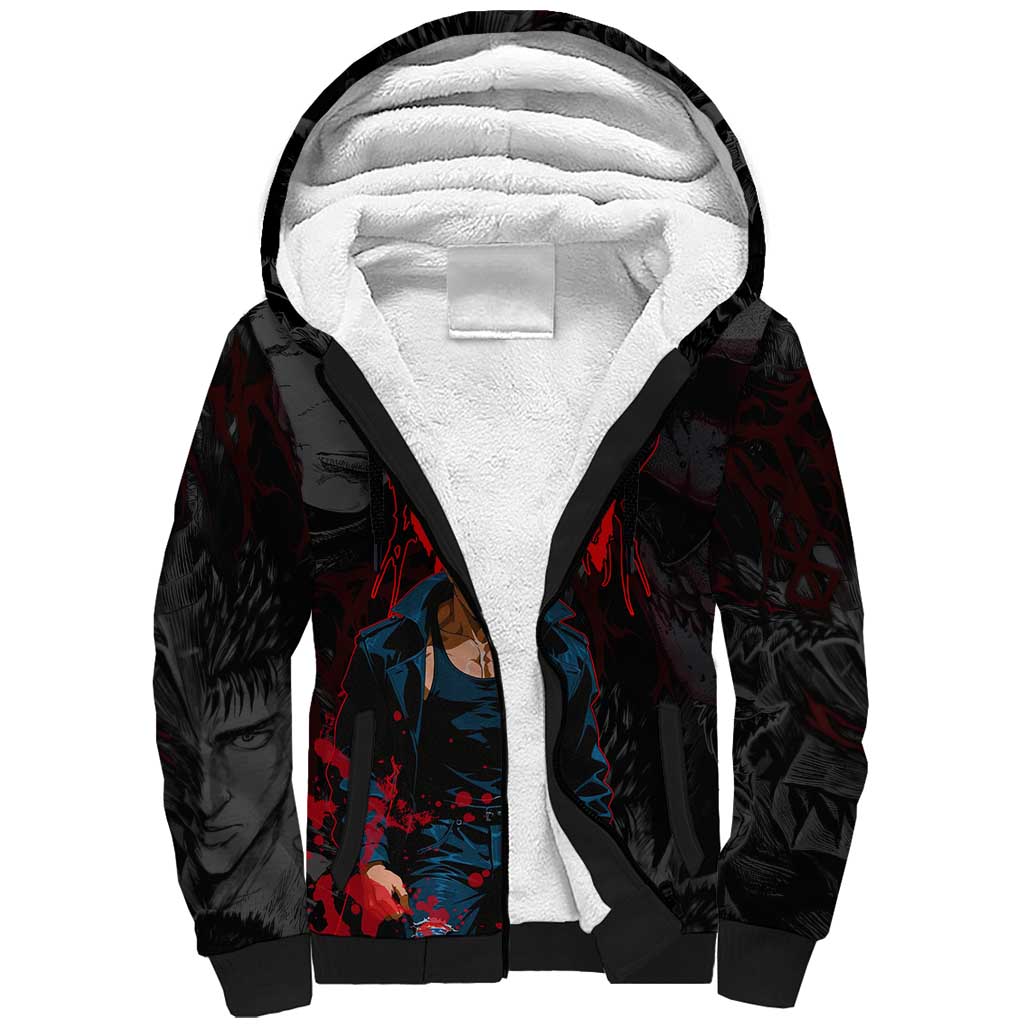 Guts Berserk Dark Theme Sherpa Hoodie with Blood Splatter and Intense Warrior Expression Design - The Mazicc