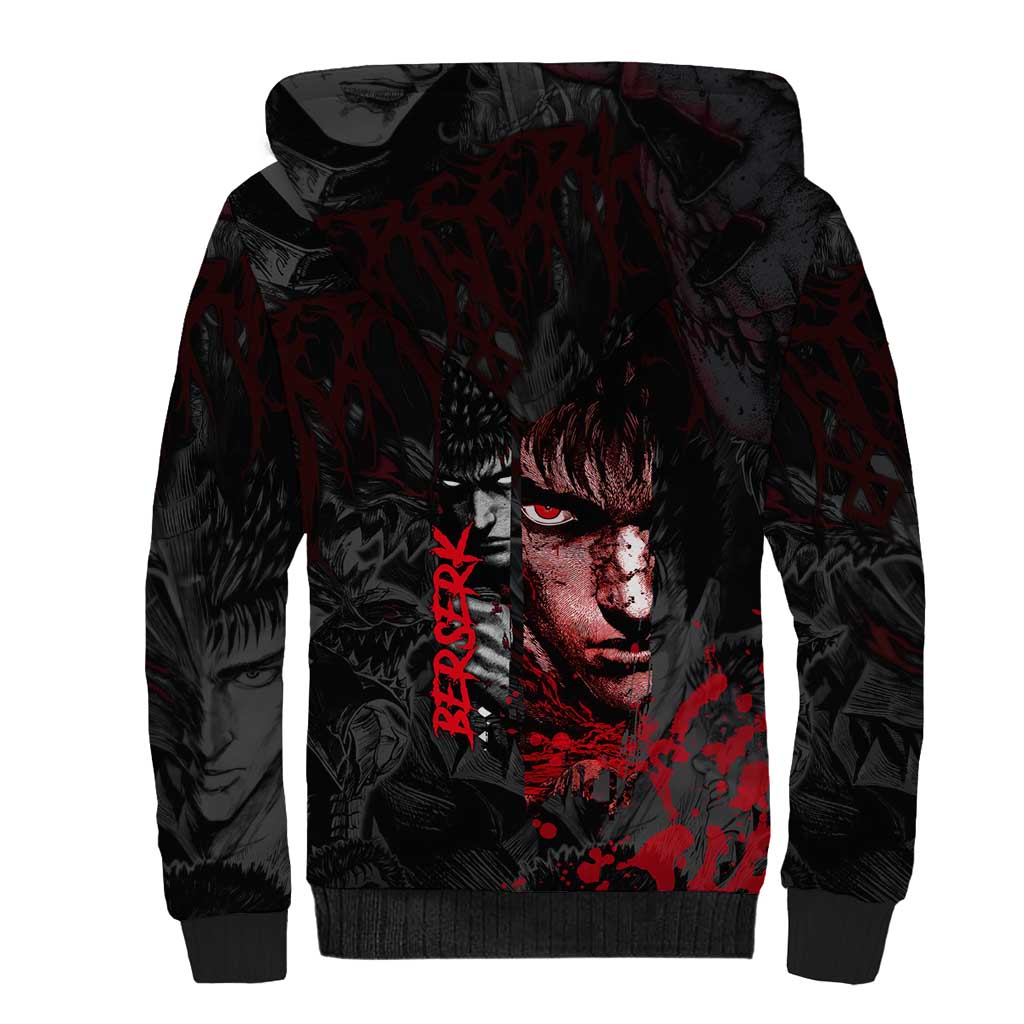 Guts Berserk Dark Theme Sherpa Hoodie with Blood Splatter and Intense Warrior Expression Design - The Mazicc