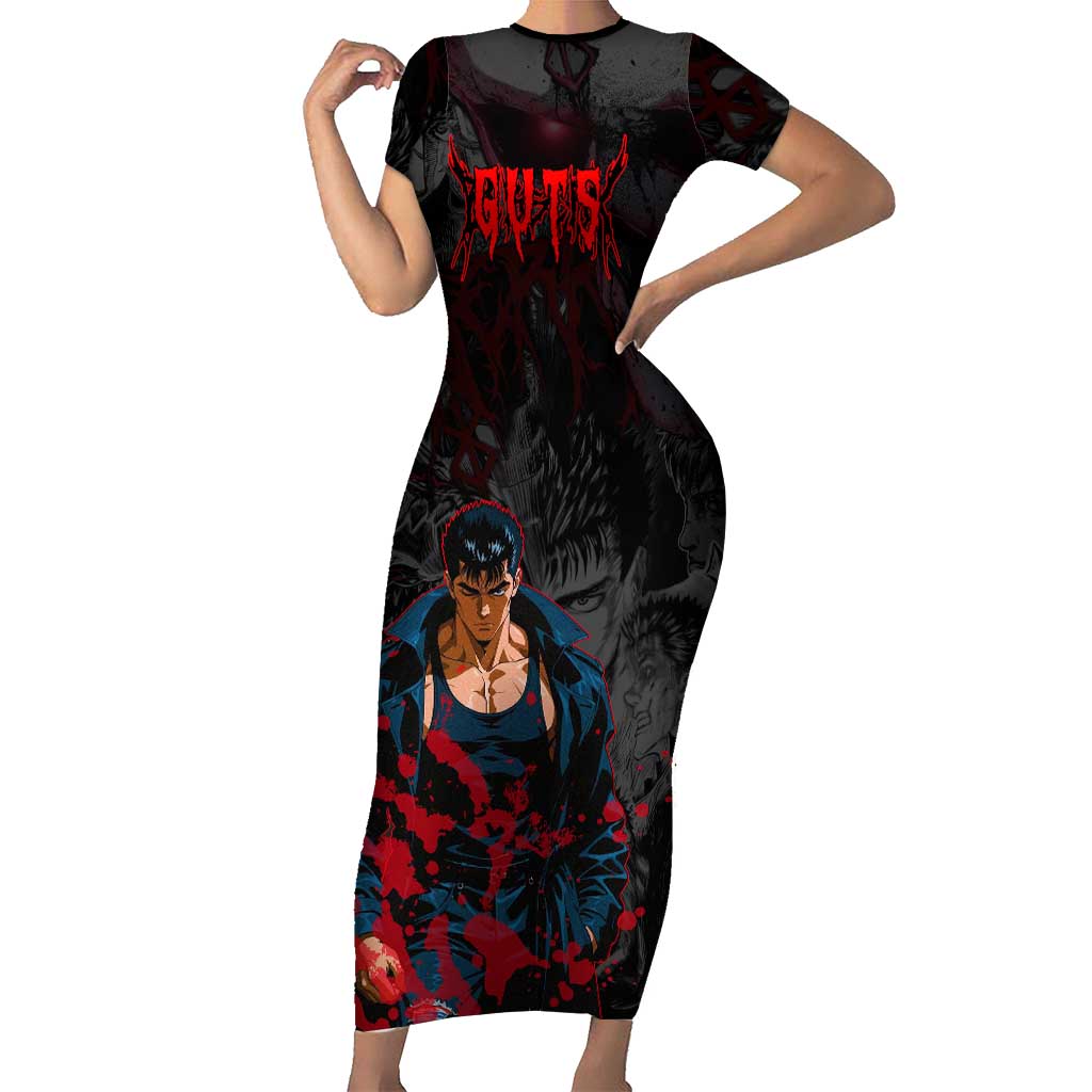 Guts Berserk Dark Theme Short Sleeve Bodycon Dress with Blood Splatter and Intense Warrior Expression Design - The Mazicc
