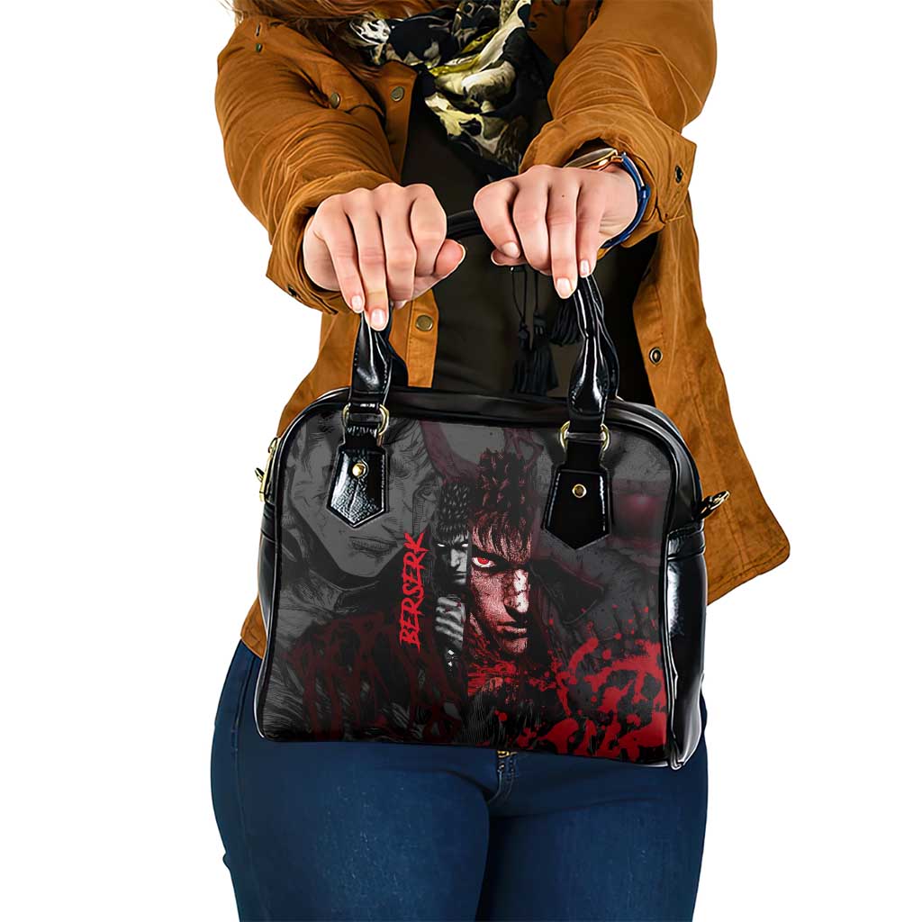 Guts Berserk Dark Theme Shoulder Handbag with Blood Splatter and Intense Warrior Expression Design - The Mazicc