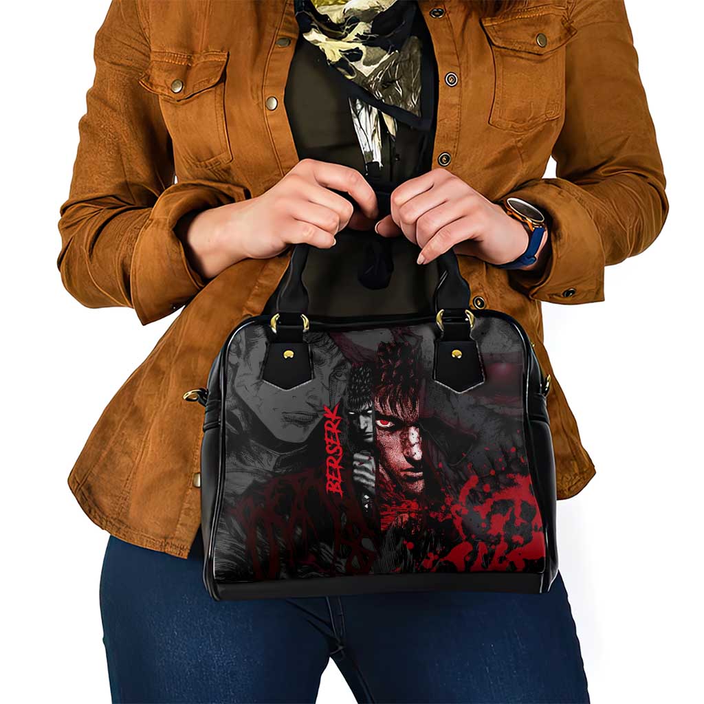 Guts Berserk Dark Theme Shoulder Handbag with Blood Splatter and Intense Warrior Expression Design - The Mazicc