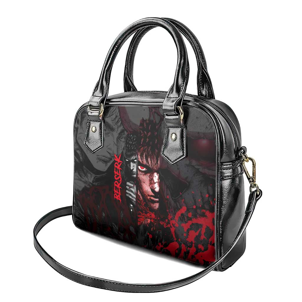 Guts Berserk Dark Theme Shoulder Handbag with Blood Splatter and Intense Warrior Expression Design - The Mazicc