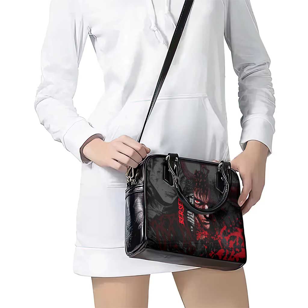 Guts Berserk Dark Theme Shoulder Handbag with Blood Splatter and Intense Warrior Expression Design - The Mazicc