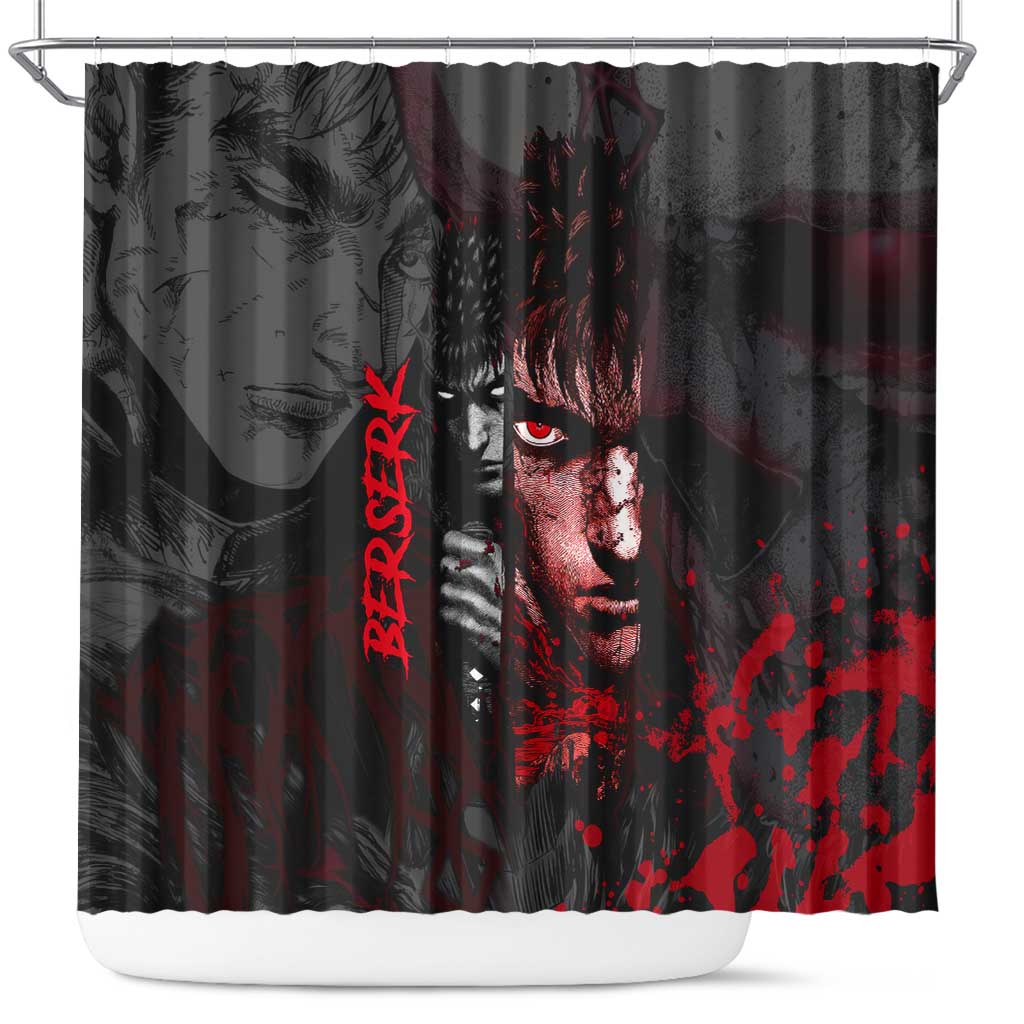 Guts Berserk Dark Theme Shower Curtain with Blood Splatter and Intense Warrior Expression Design - The Mazicc