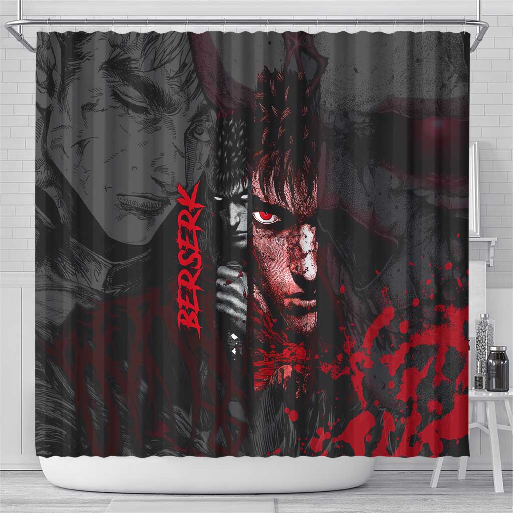 Guts Berserk Dark Theme Shower Curtain with Blood Splatter and Intense Warrior Expression Design - The Mazicc