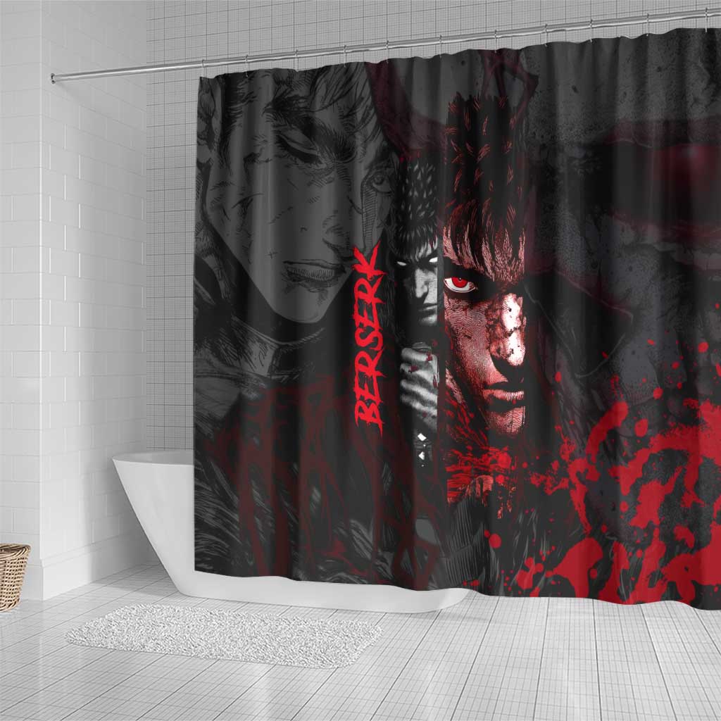 Guts Berserk Dark Theme Shower Curtain with Blood Splatter and Intense Warrior Expression Design - The Mazicc