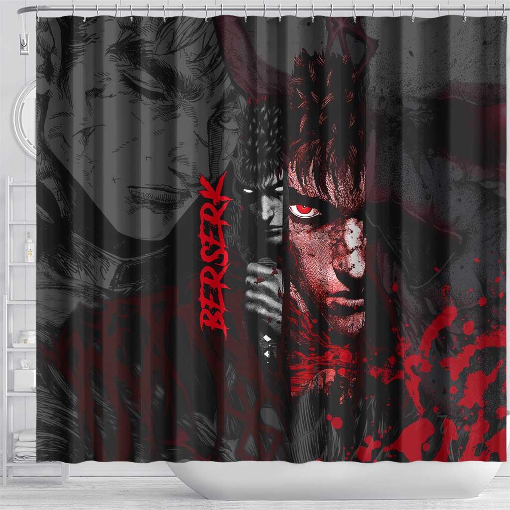 Guts Berserk Dark Theme Shower Curtain with Blood Splatter and Intense Warrior Expression Design - The Mazicc