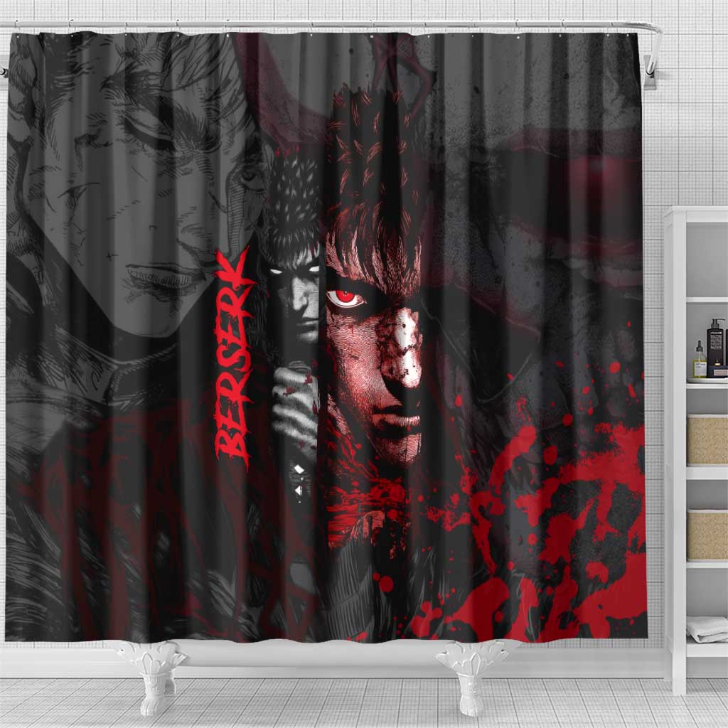 Guts Berserk Dark Theme Shower Curtain with Blood Splatter and Intense Warrior Expression Design - The Mazicc