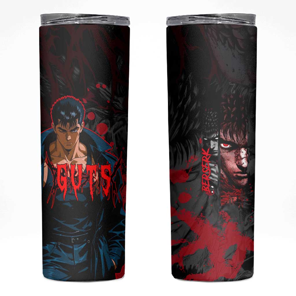 Guts Berserk Dark Theme Skinny Tumbler with Blood Splatter and Intense Warrior Expression Design - The Mazicc