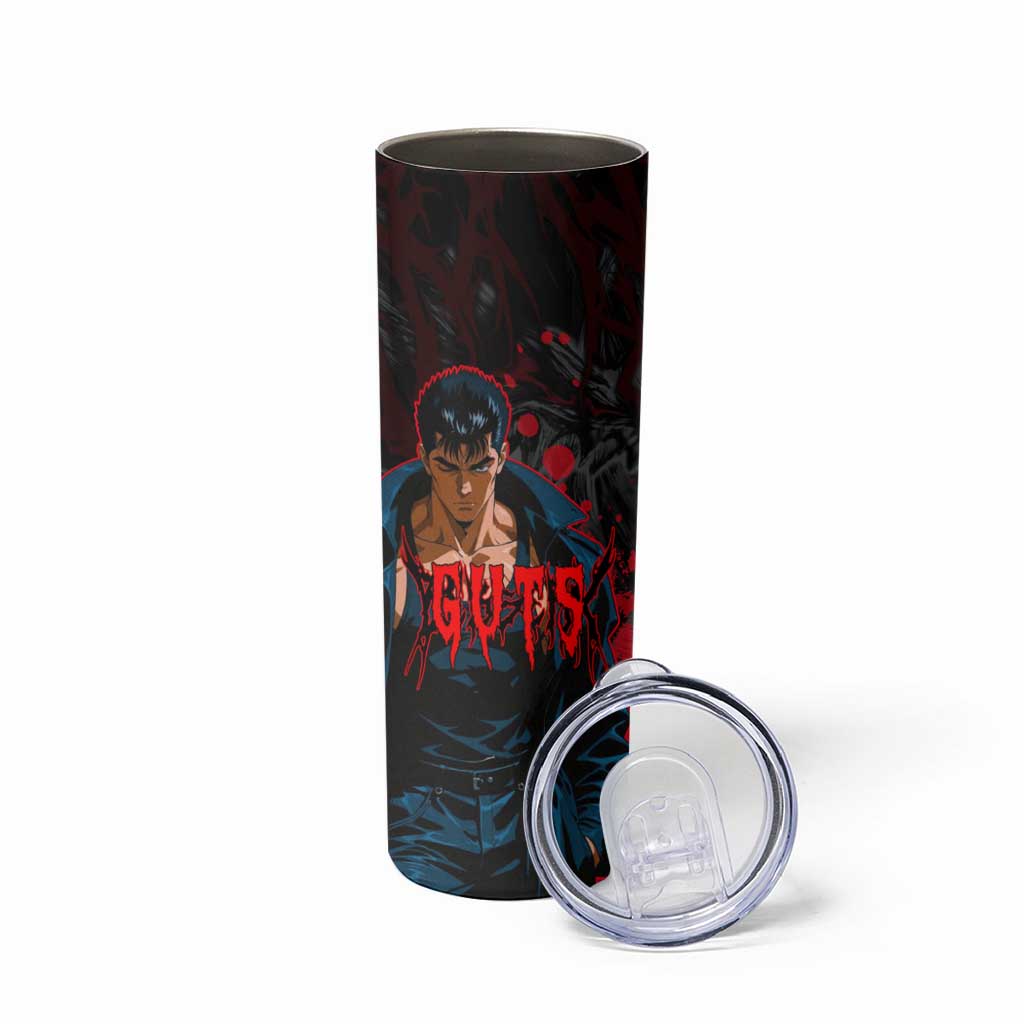 Guts Berserk Dark Theme Skinny Tumbler with Blood Splatter and Intense Warrior Expression Design - The Mazicc