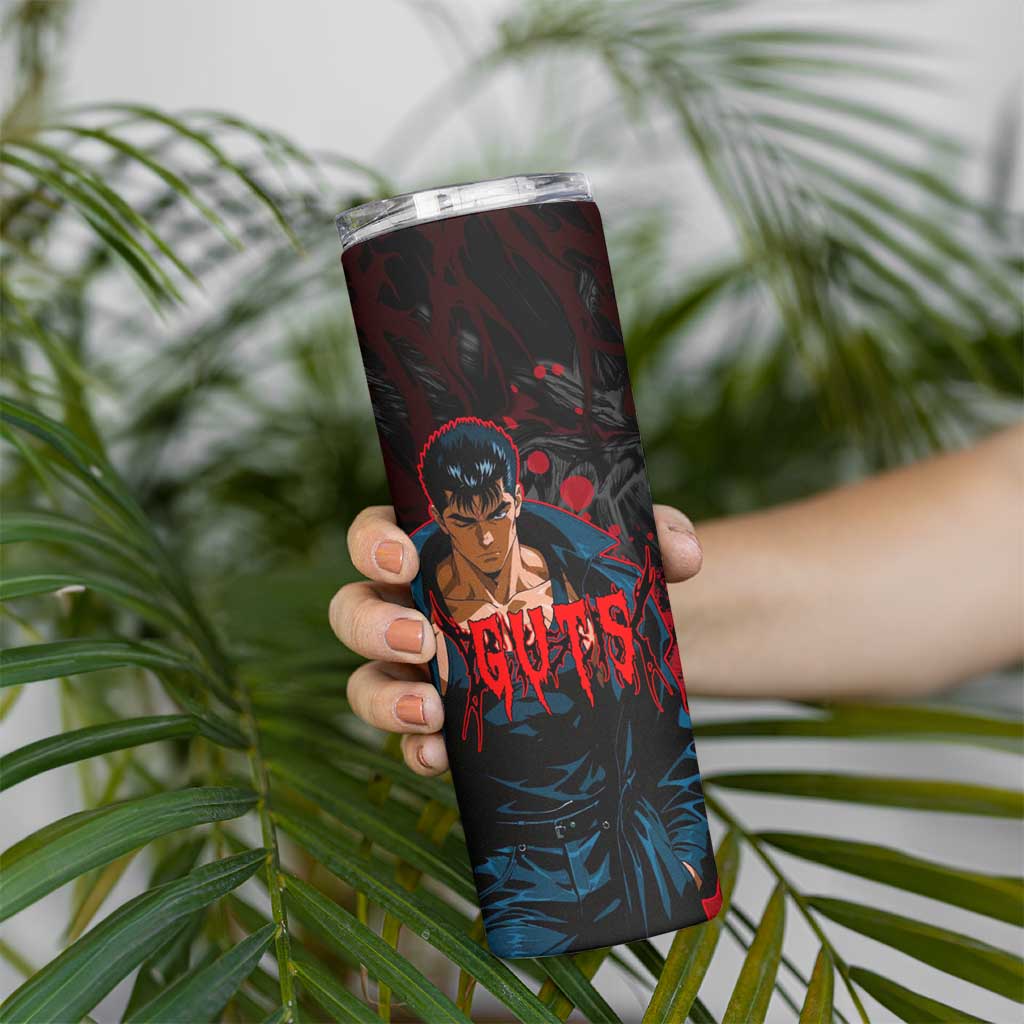 Guts Berserk Dark Theme Skinny Tumbler with Blood Splatter and Intense Warrior Expression Design - The Mazicc