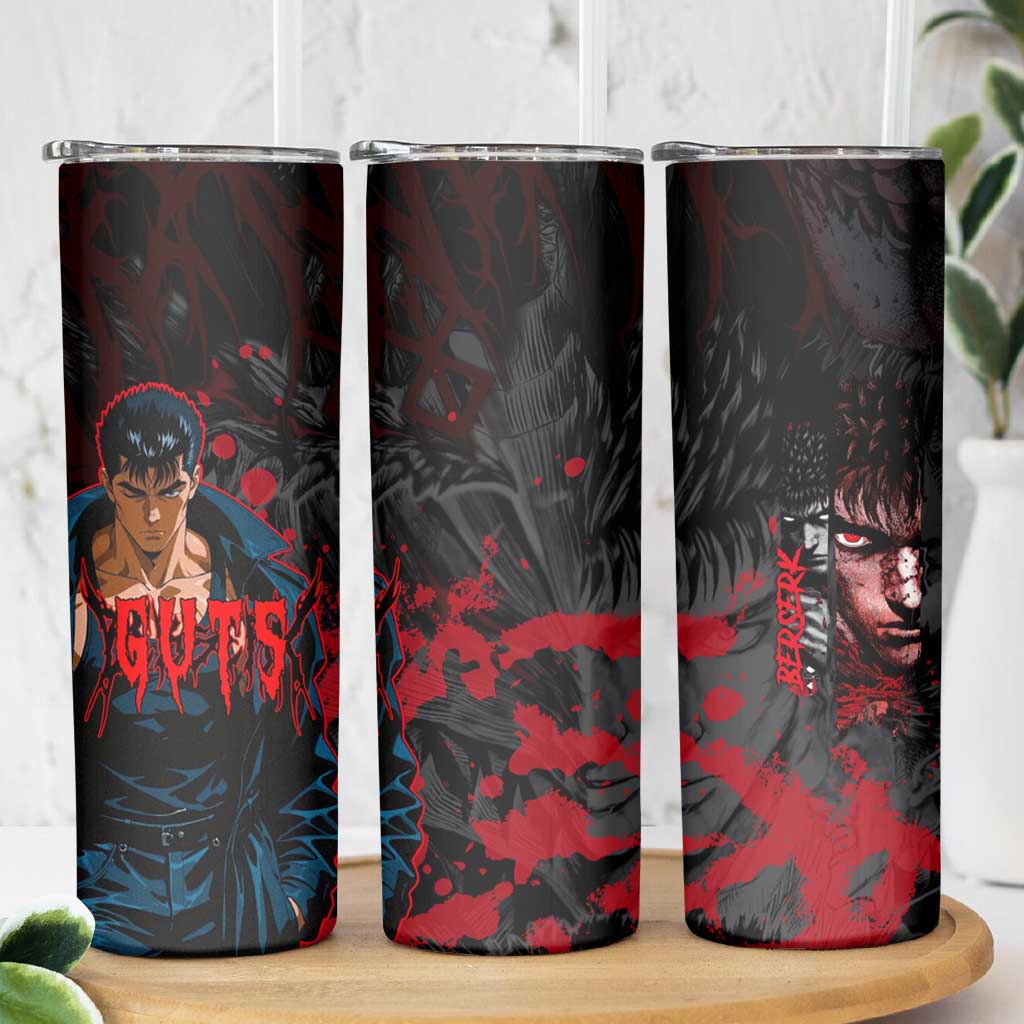 Guts Berserk Dark Theme Skinny Tumbler with Blood Splatter and Intense Warrior Expression Design - The Mazicc