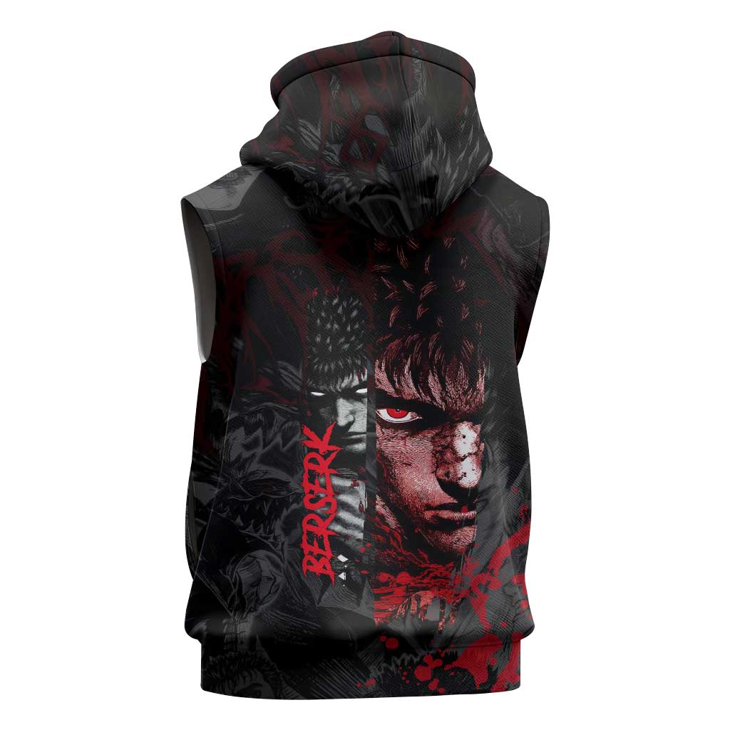 Guts Berserk Dark Theme Sleeveless Hoodie with Blood Splatter and Intense Warrior Expression Design - The Mazicc