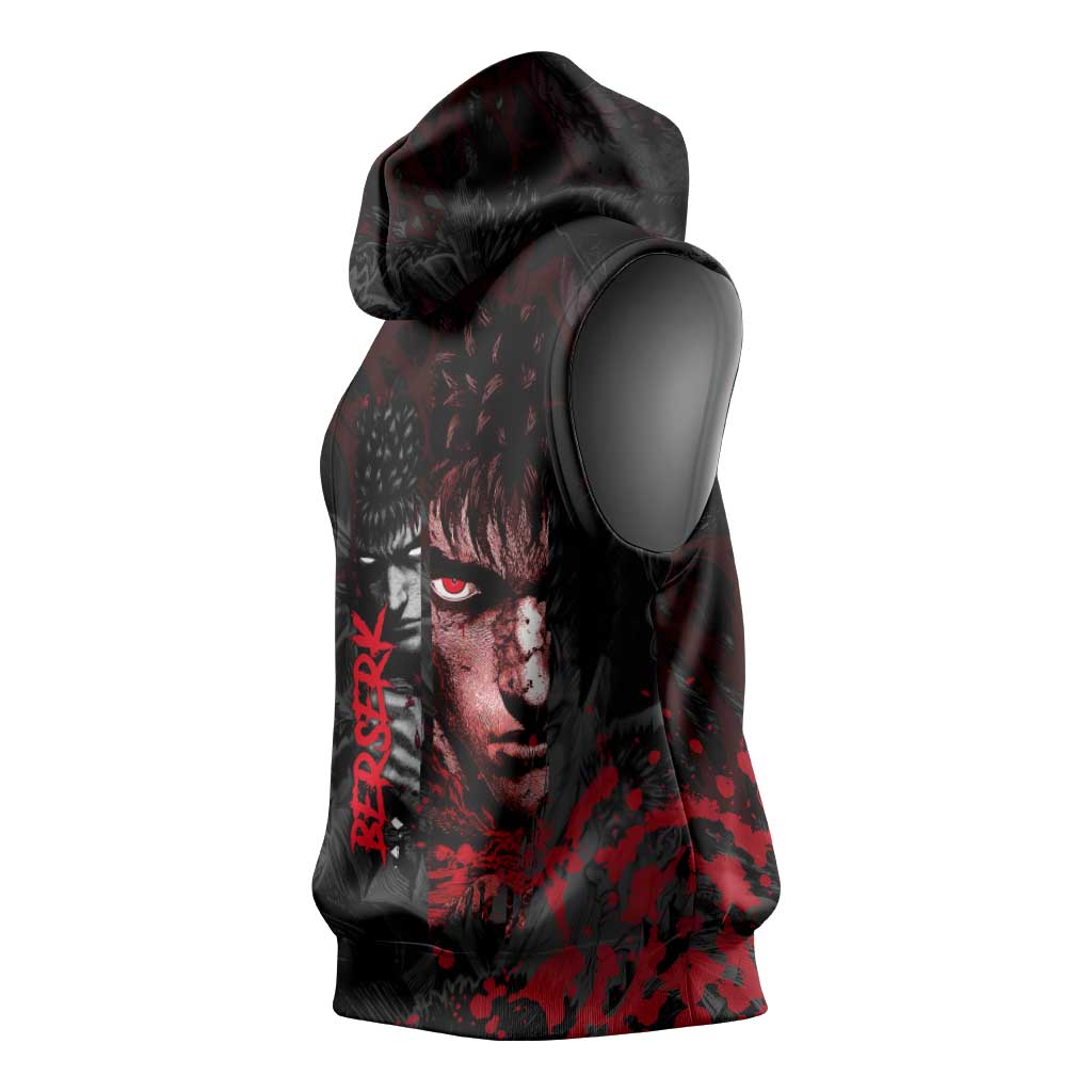 Guts Berserk Dark Theme Sleeveless Hoodie with Blood Splatter and Intense Warrior Expression Design - The Mazicc