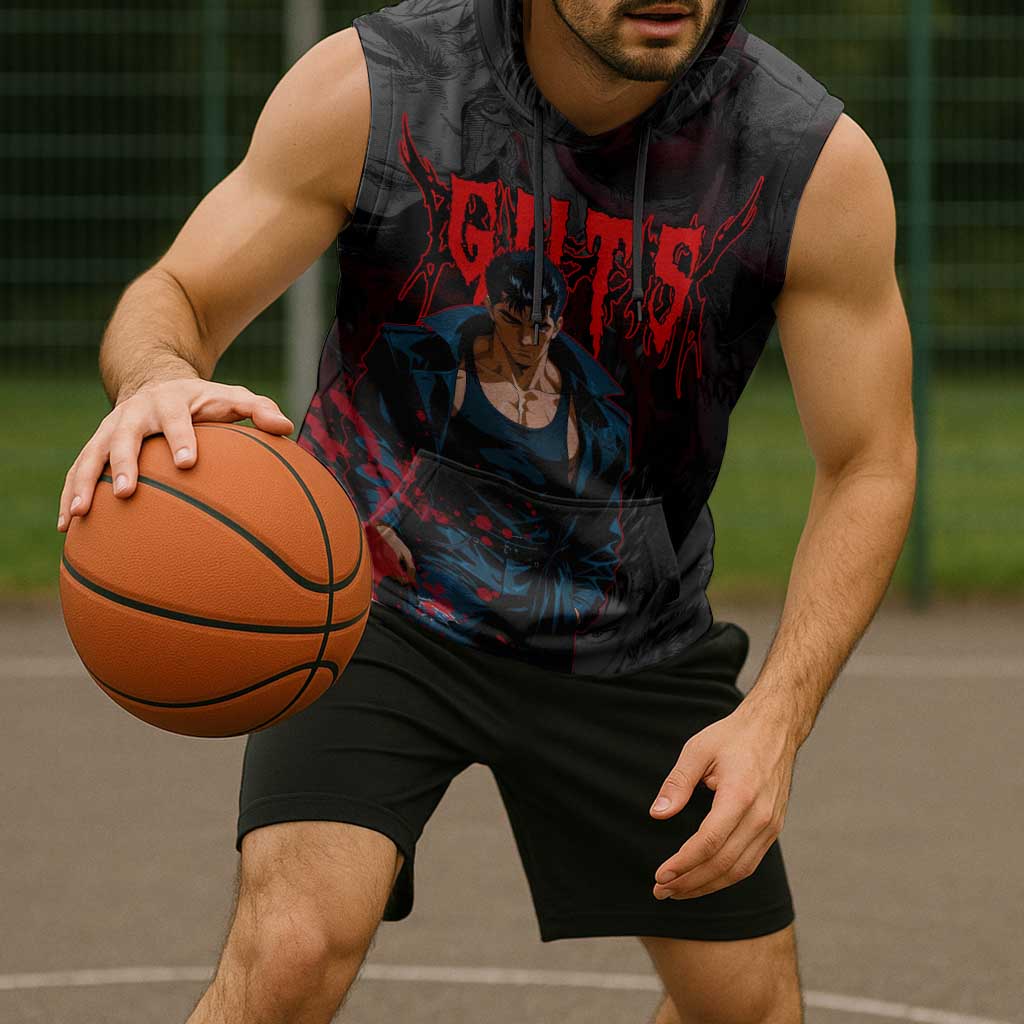 Guts Berserk Dark Theme Sleeveless Hoodie with Blood Splatter and Intense Warrior Expression Design - The Mazicc