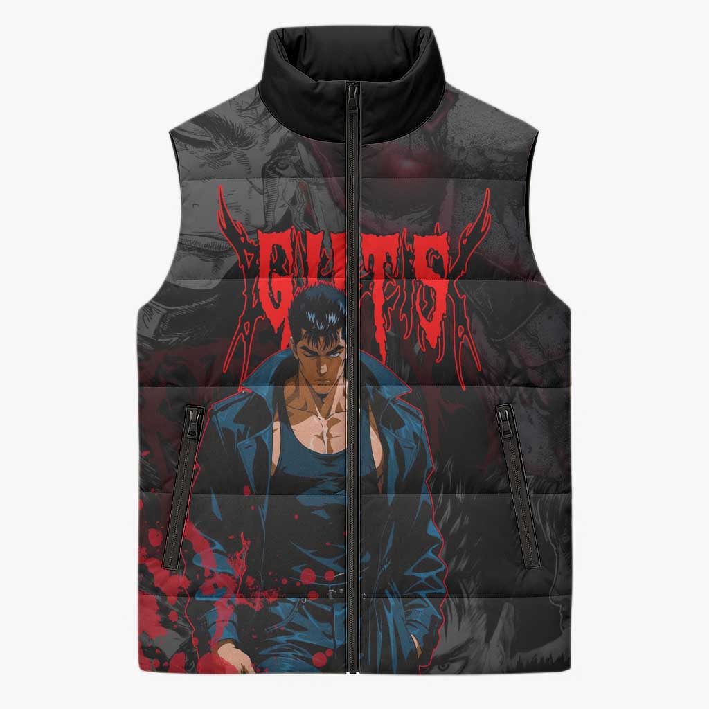 Guts Berserk Dark Theme Sleeveless Puffer Jacket with Blood Splatter and Intense Warrior Expression Design - The Mazicc