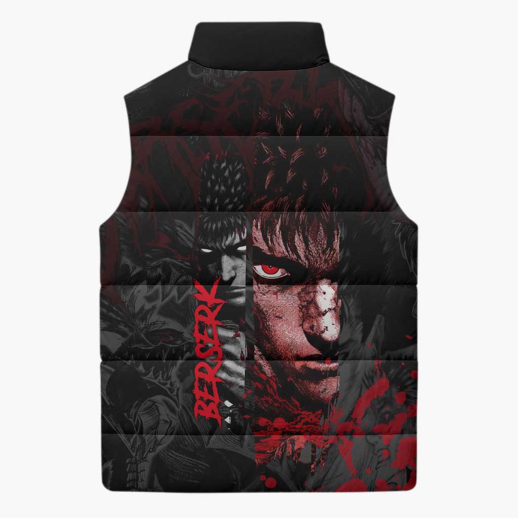 Guts Berserk Dark Theme Sleeveless Puffer Jacket with Blood Splatter and Intense Warrior Expression Design - The Mazicc