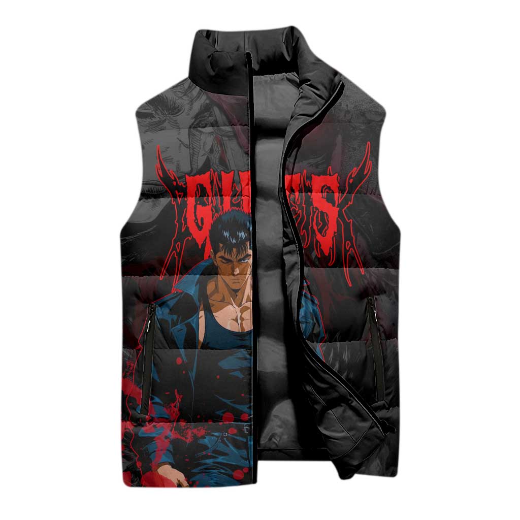 Guts Berserk Dark Theme Sleeveless Puffer Jacket with Blood Splatter and Intense Warrior Expression Design - The Mazicc