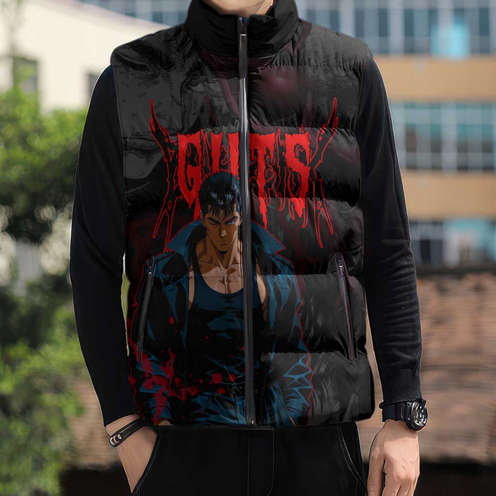 Guts Berserk Dark Theme Sleeveless Puffer Jacket with Blood Splatter and Intense Warrior Expression Design - The Mazicc