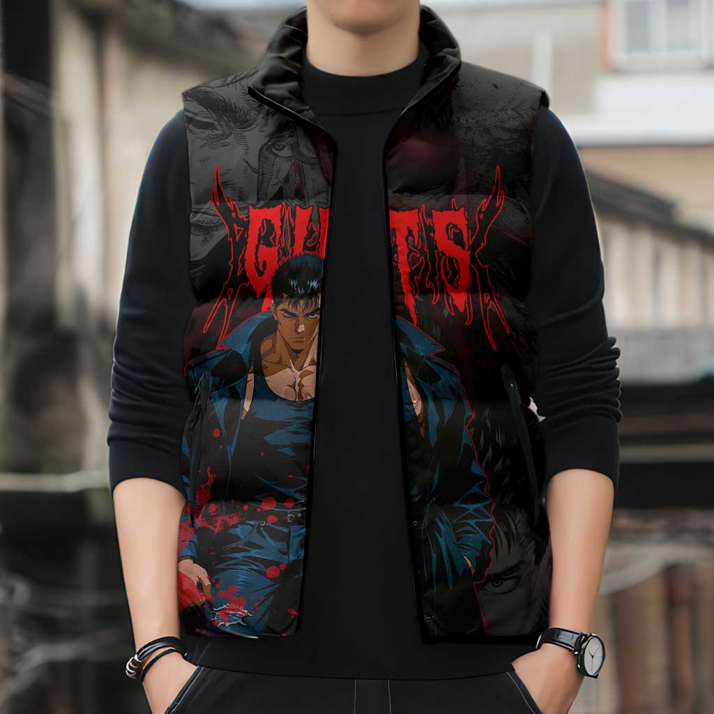 Guts Berserk Dark Theme Sleeveless Puffer Jacket with Blood Splatter and Intense Warrior Expression Design - The Mazicc
