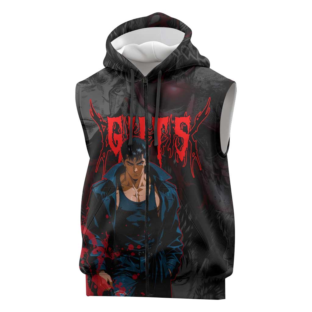 Guts Berserk Dark Theme Sleeveless Zip Hoodie with Blood Splatter and Intense Warrior Expression Design - The Mazicc