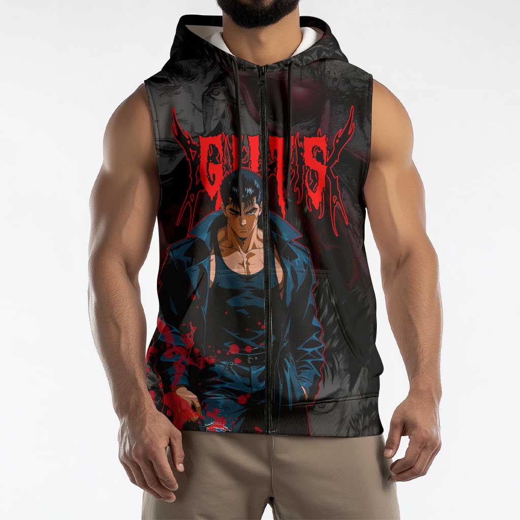 Guts Berserk Dark Theme Sleeveless Zip Hoodie with Blood Splatter and Intense Warrior Expression Design - The Mazicc