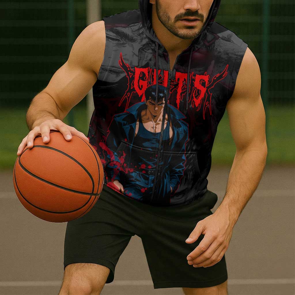 Guts Berserk Dark Theme Sleeveless Zip Hoodie with Blood Splatter and Intense Warrior Expression Design - The Mazicc