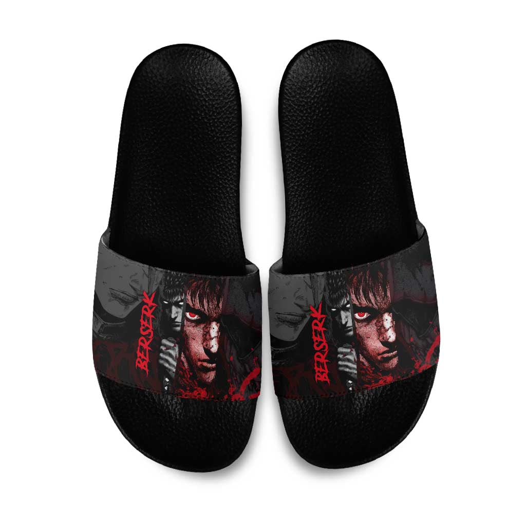 Guts Berserk Dark Theme Slide Sandals with Blood Splatter and Intense Warrior Expression Design - The Mazicc