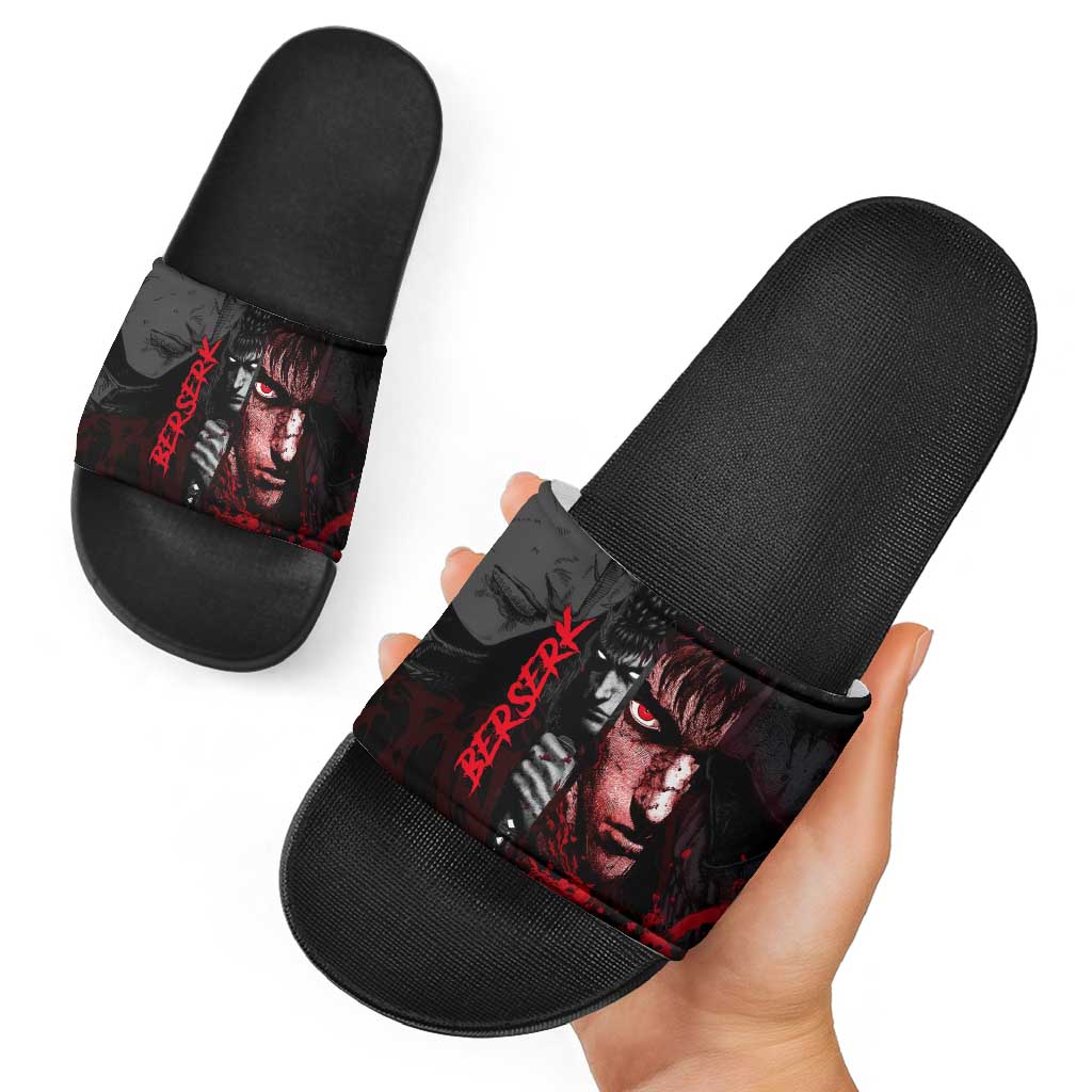Guts Berserk Dark Theme Slide Sandals with Blood Splatter and Intense Warrior Expression Design - The Mazicc