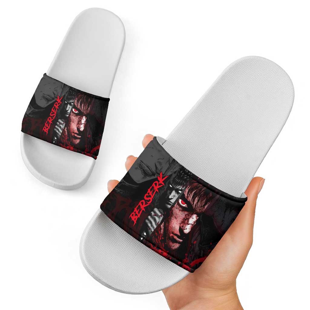 Guts Berserk Dark Theme Slide Sandals with Blood Splatter and Intense Warrior Expression Design - The Mazicc