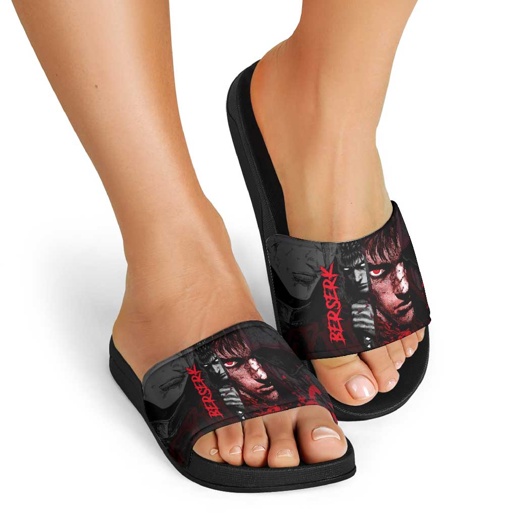 Guts Berserk Dark Theme Slide Sandals with Blood Splatter and Intense Warrior Expression Design - The Mazicc
