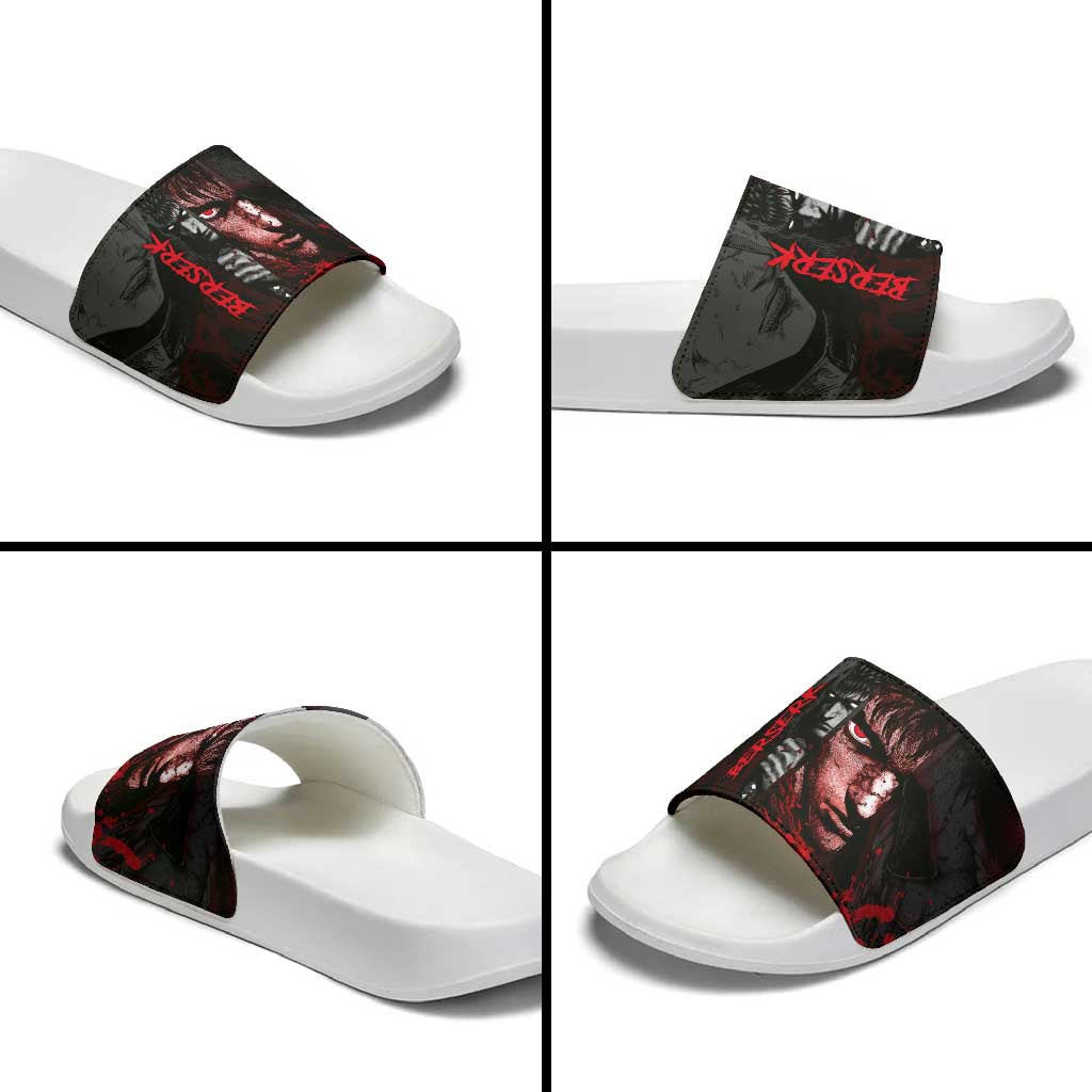 Guts Berserk Dark Theme Slide Sandals with Blood Splatter and Intense Warrior Expression Design - The Mazicc