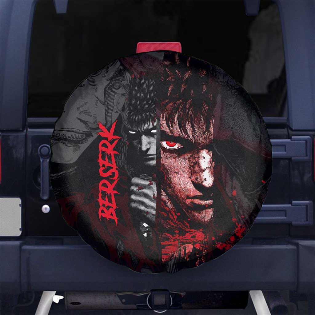 Guts Berserk Dark Theme Spare Tire Cover with Blood Splatter and Intense Warrior Expression Design - The Mazicc