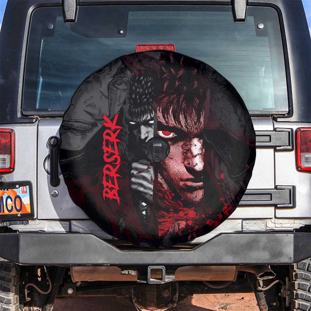 Guts Berserk Dark Theme Spare Tire Cover with Blood Splatter and Intense Warrior Expression Design - The Mazicc