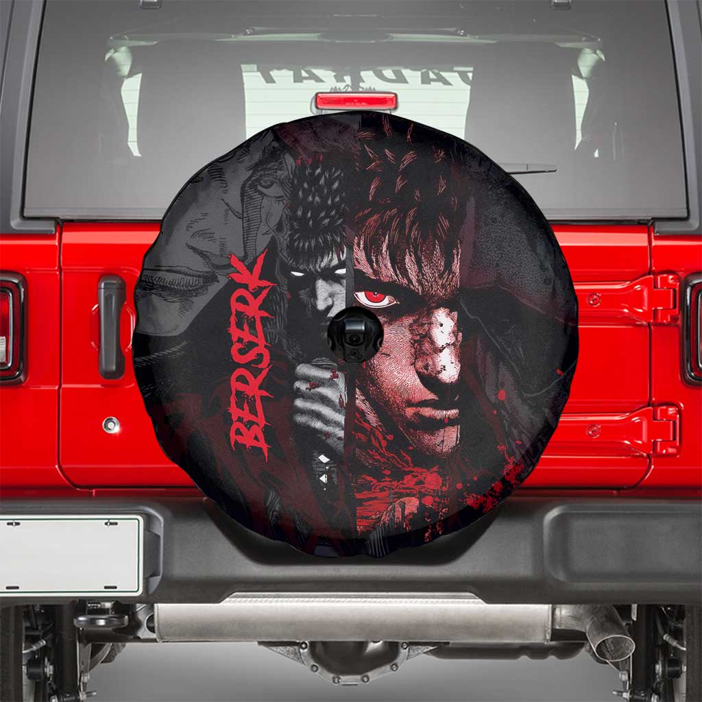 Guts Berserk Dark Theme Spare Tire Cover with Blood Splatter and Intense Warrior Expression Design - The Mazicc