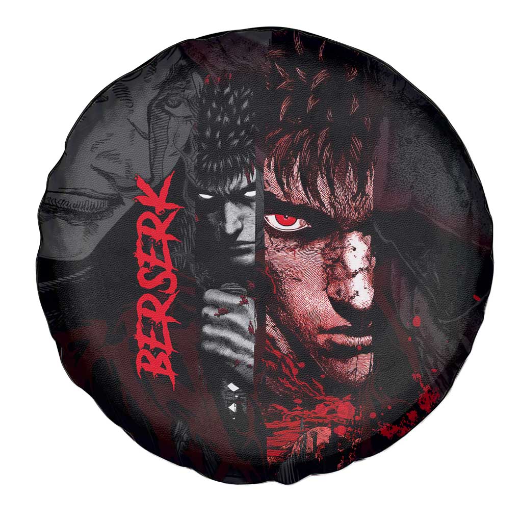 Guts Berserk Dark Theme Spare Tire Cover with Blood Splatter and Intense Warrior Expression Design - The Mazicc