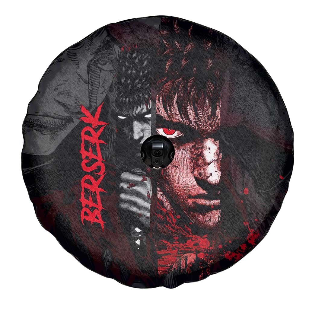 Guts Berserk Dark Theme Spare Tire Cover with Blood Splatter and Intense Warrior Expression Design - The Mazicc