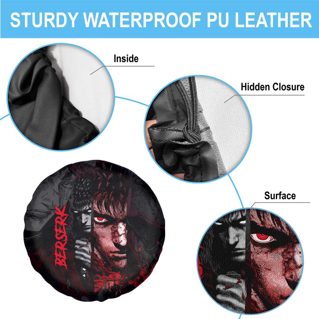 Guts Berserk Dark Theme Spare Tire Cover with Blood Splatter and Intense Warrior Expression Design - The Mazicc