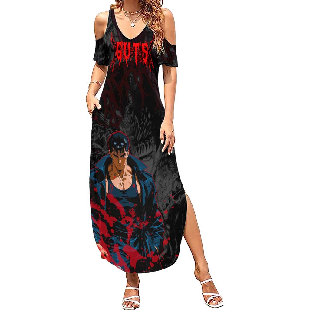 Guts Berserk Dark Theme Summer Maxi Dress with Blood Splatter and Intense Warrior Expression Design - The Mazicc