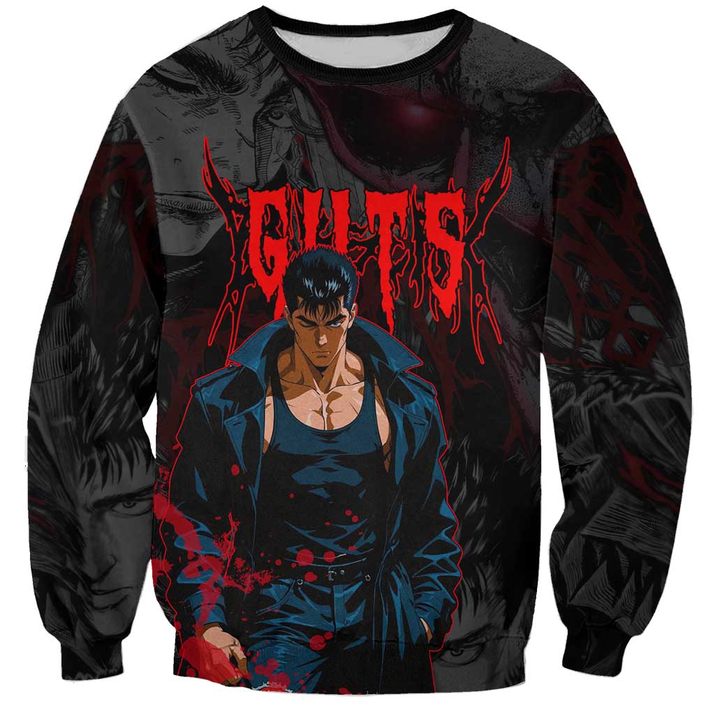 Guts Berserk Dark Theme Sweatshirt with Blood Splatter and Intense Warrior Expression Design - The Mazicc