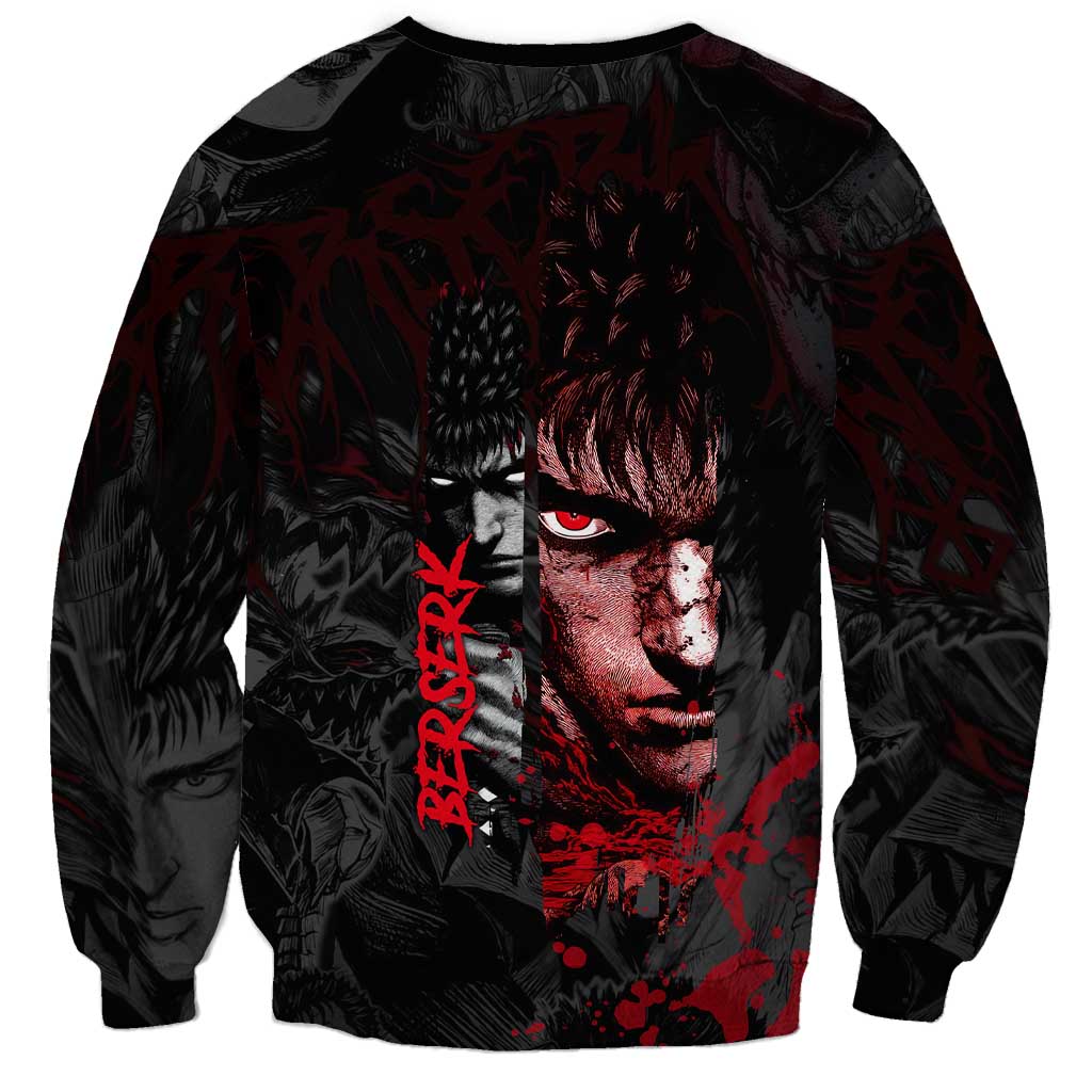 Guts Berserk Dark Theme Sweatshirt with Blood Splatter and Intense Warrior Expression Design - The Mazicc