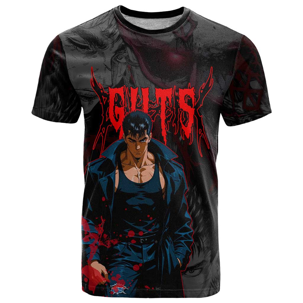 Guts Berserk Dark Theme T Shirt with Blood Splatter and Intense Warrior Expression Design - The Mazicc