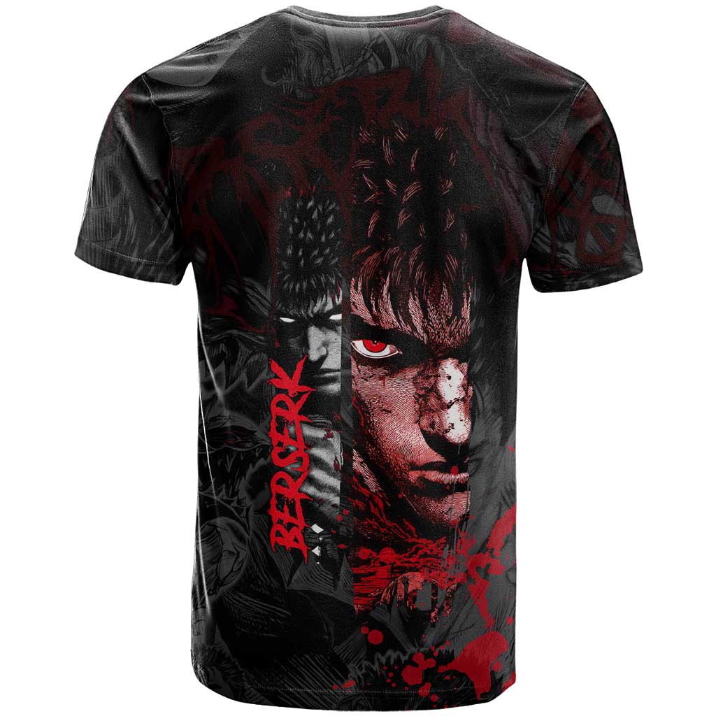 Guts Berserk Dark Theme T Shirt with Blood Splatter and Intense Warrior Expression Design - The Mazicc