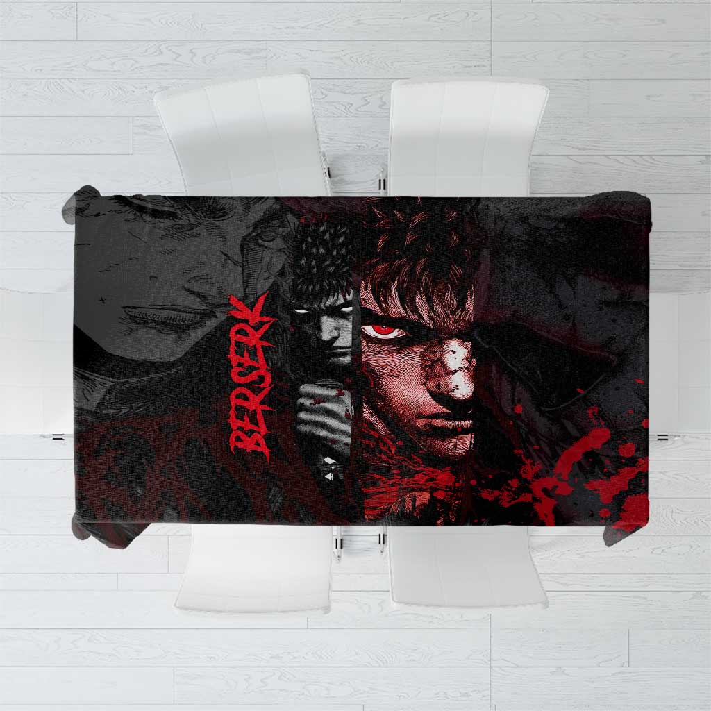 Guts Berserk Dark Theme Tablecloth with Blood Splatter and Intense Warrior Expression Design - The Mazicc
